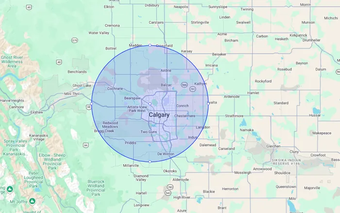Action Septic service area map covering Calgary and surrounding communities